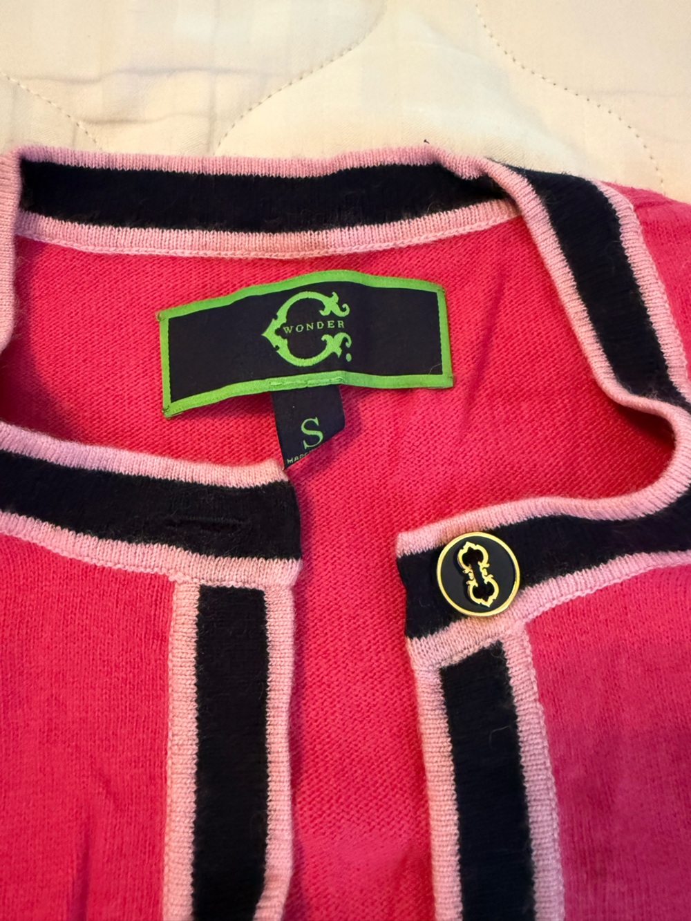 C. Wonder Pink Sweater with Black and Light Pink Trim size S